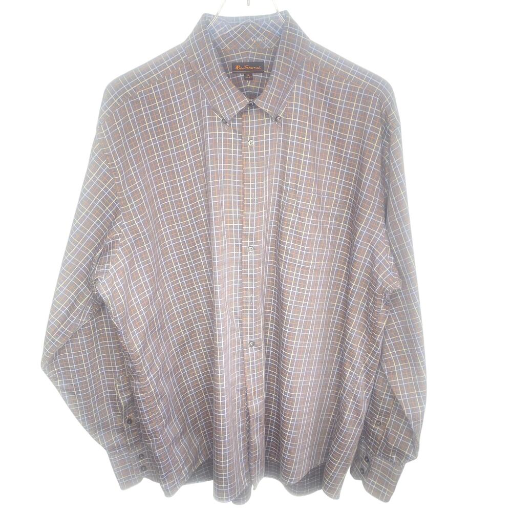 Ben Sherman Mens Gray Check Long Sleeve Button Front Shirt Size 18 36/37